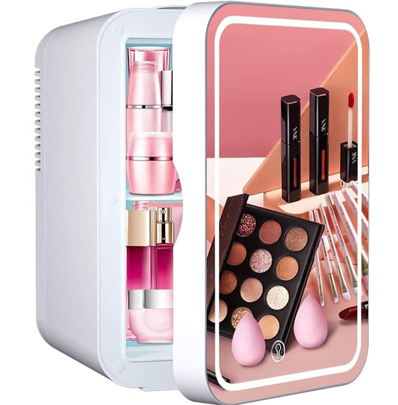 Portable Mini Makeup Fridge with LED Light Mirror